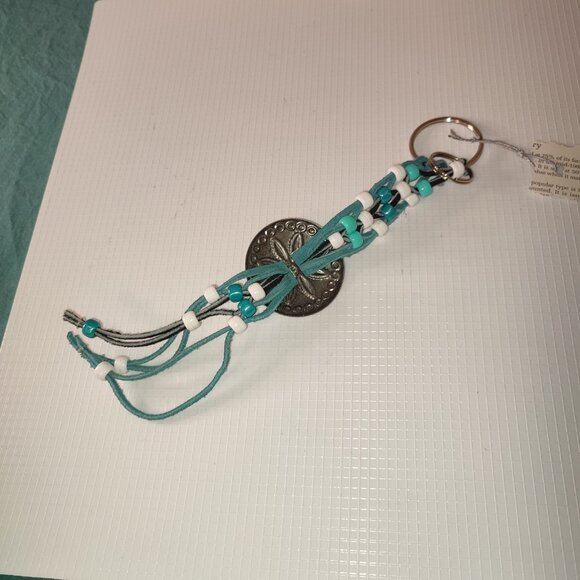 Key Chain Purse Accessory Silver Turquoise Leather Beads Metal vintage - Picture 5 of 5